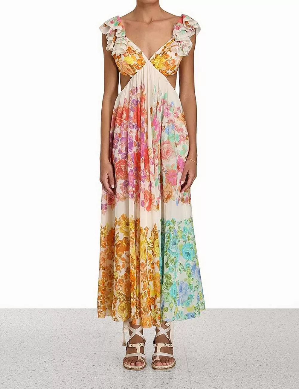 New ZIMMERMANN Raie Frill Shoulder Midi Dress
